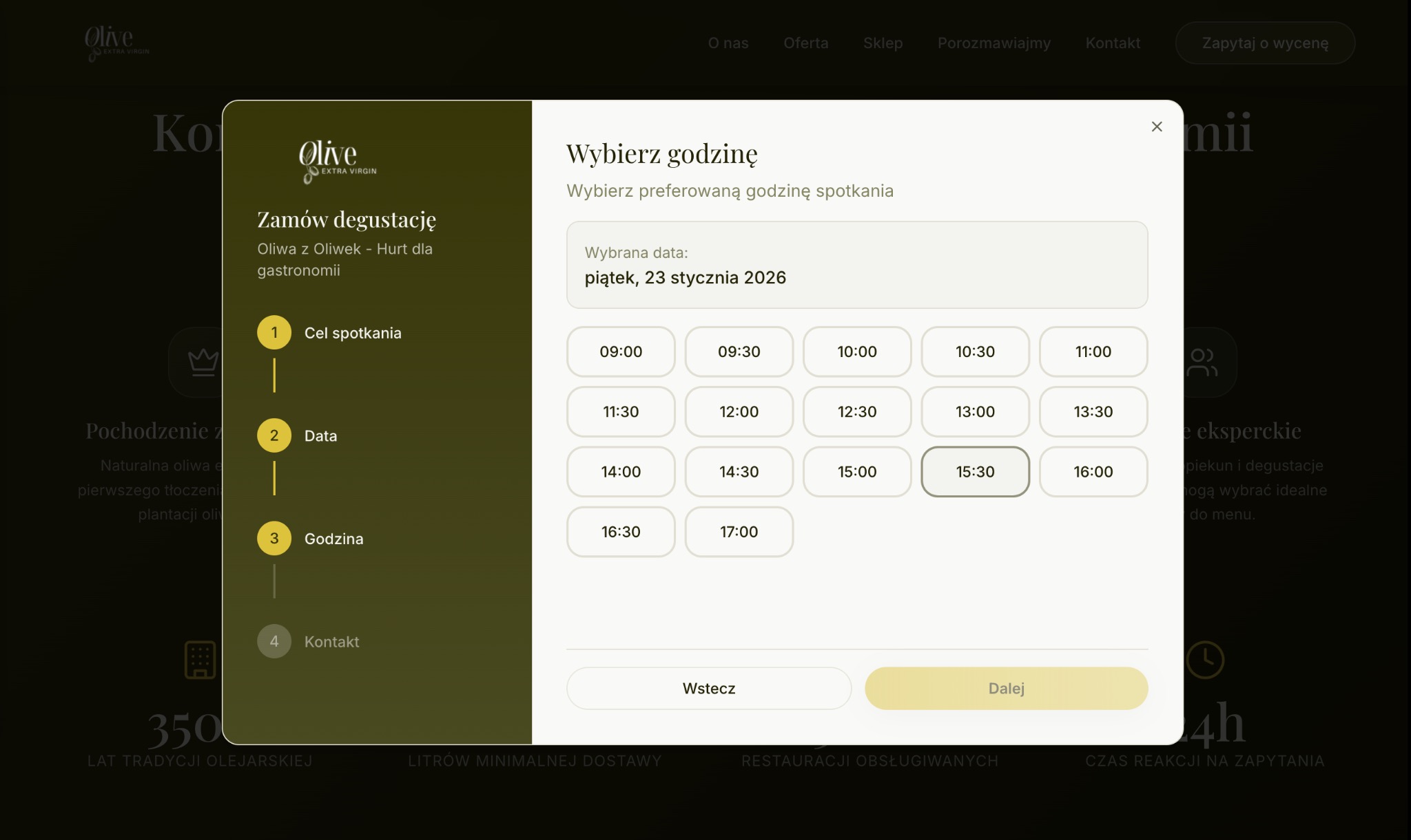 Przykładowa strona naszego klienta - pokazany popup do przyjmowania zapytań od klientów - jak widać są tutaj 4 kroki