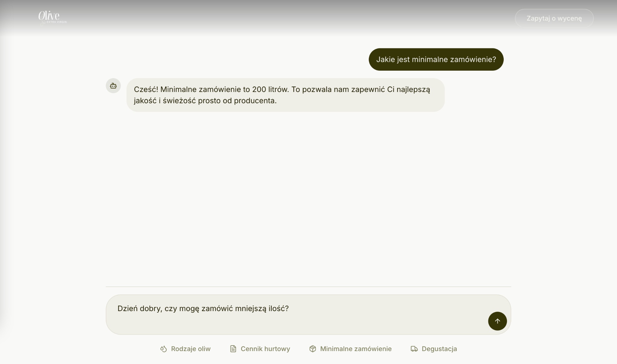 Zrzut ekranu czatu z botem AI na stronie internetowej Olive, odpowiadającym na pytania o minimalne zamówienie oliwy. Widoczne opcje: rodzaje oliw, cennik hurtowy, degustacja.