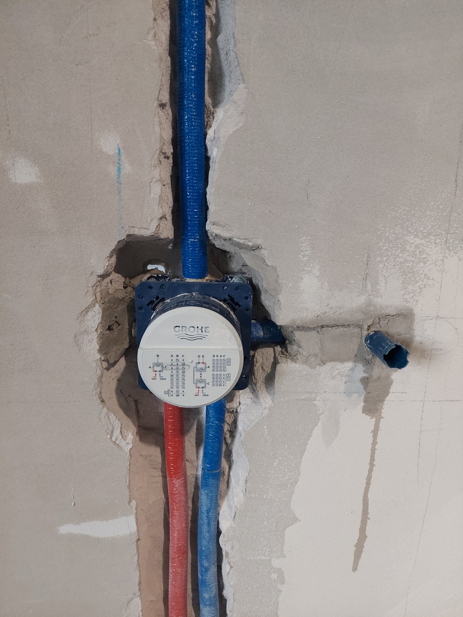 Instalacja podtynkowa Grohe w surowej ścianie: niebieskie i czerwone rury doprowadzające wodę, widoczne oznaczenia ciepłej i zimnej wody, przygotowanie do montażu armatury.