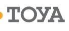 Szare logo TOYA na białym tle, z pomarańczową kropką po lewej stronie. Prosty, nowoczesny krój pisma.
