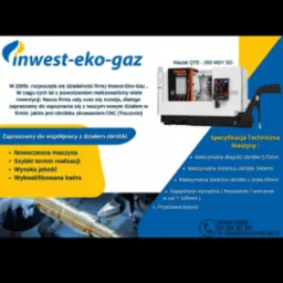 Baner firmy Inwest-Eko-Gaz z nowoczesną maszyną Mazak QTE-200 MSY SG do obróbki CNC. Oferta: nowoczesna maszyna, szybki termin realizacji, wysoka jakość, wykwalifikowana kadra.