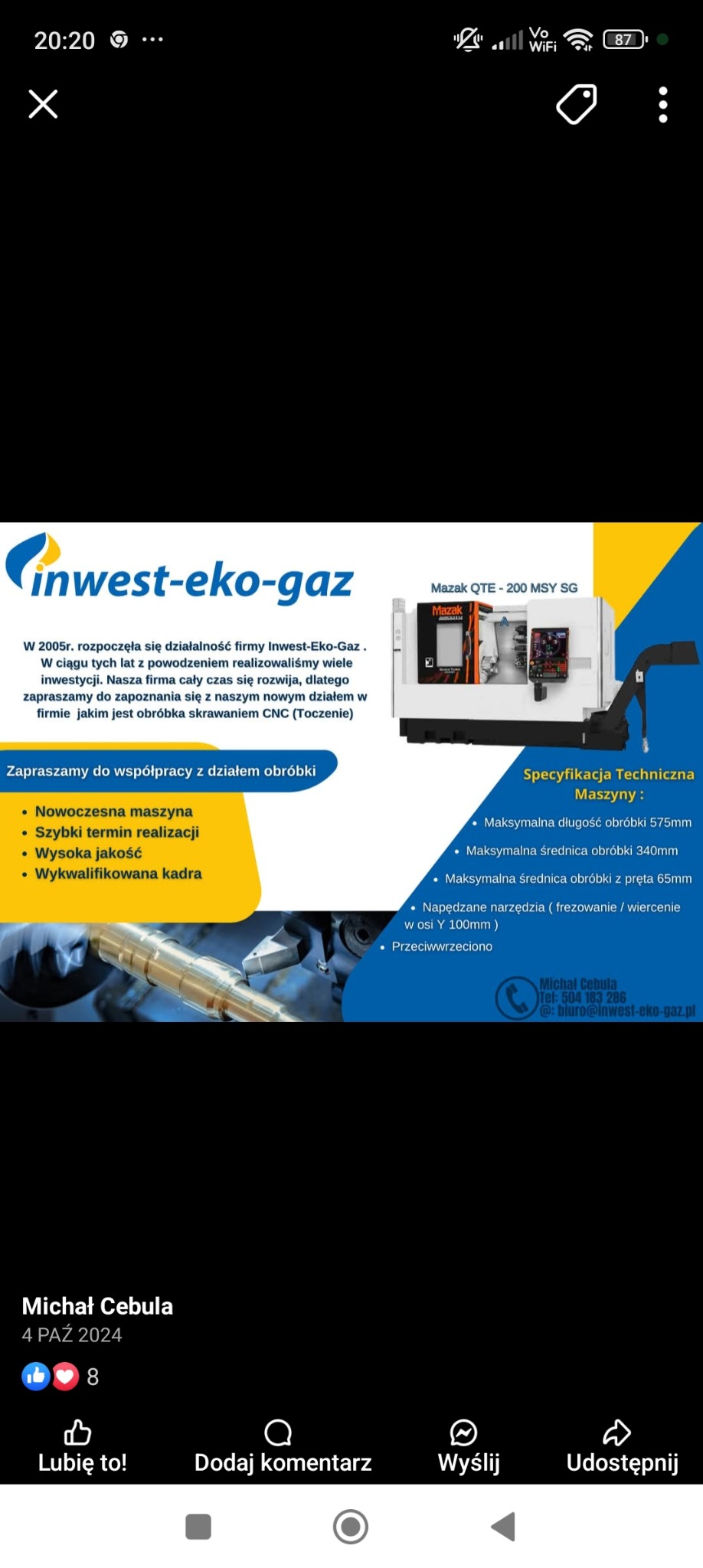 Baner firmy Inwest-Eko-Gaz z nowoczesną maszyną Mazak QTE-200 MSY SG do obróbki CNC. Oferta: nowoczesna maszyna, szybki termin realizacji, wysoka jakość, wykwalifikowana kadra.