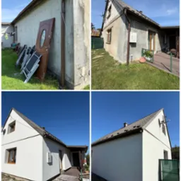 Czteropanelowe ujęcie domu przed i po remoncie elewacji. Widoczne stare, szare ściany i nowe, białe, gładkie powierzchnie. Drzwi i okna w brązowych ramach.