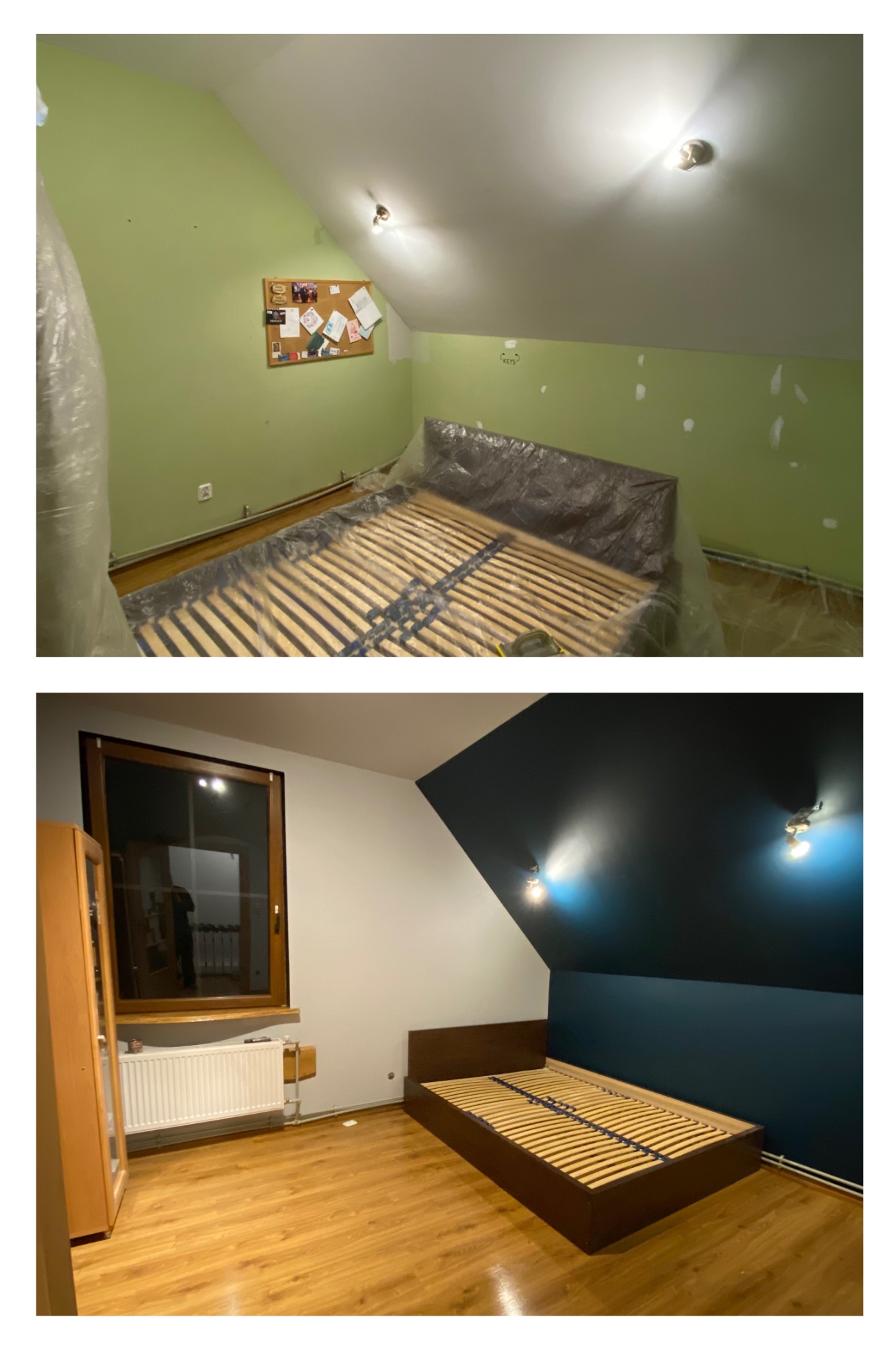 Zdjęcie 'przed i po' remontu pokoju na poddaszu: zielone ściany i zakryte meble vs. biało-granatowe ściany, drewniana podłoga i nowe meble. Widok na okno i grzejnik.