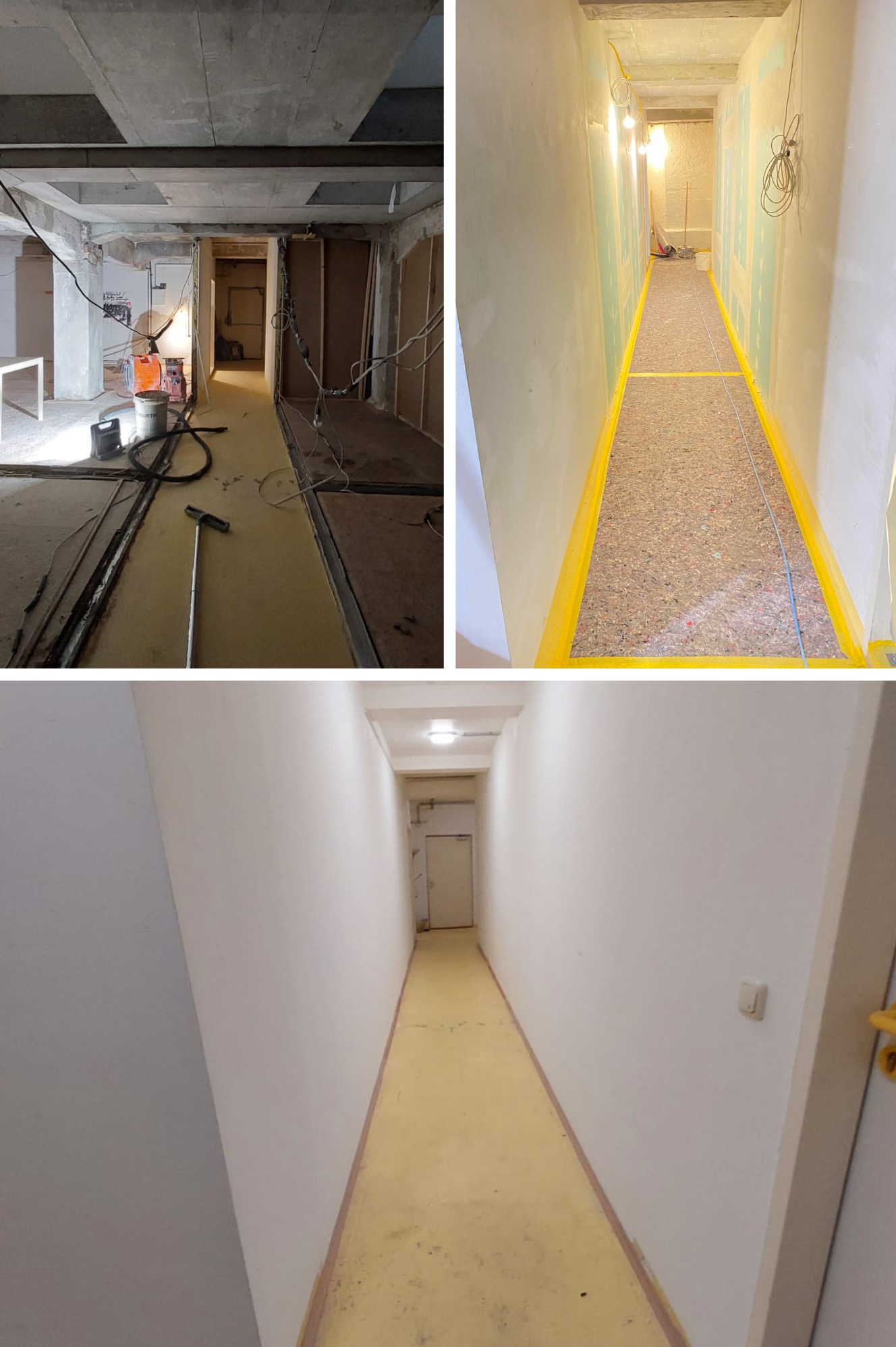 Korytarz w trakcie remontu: widok przed, w trakcie szpachlowania i po zakończeniu prac. Żółta podłoga, białe ściany, surowy betonowy sufit.