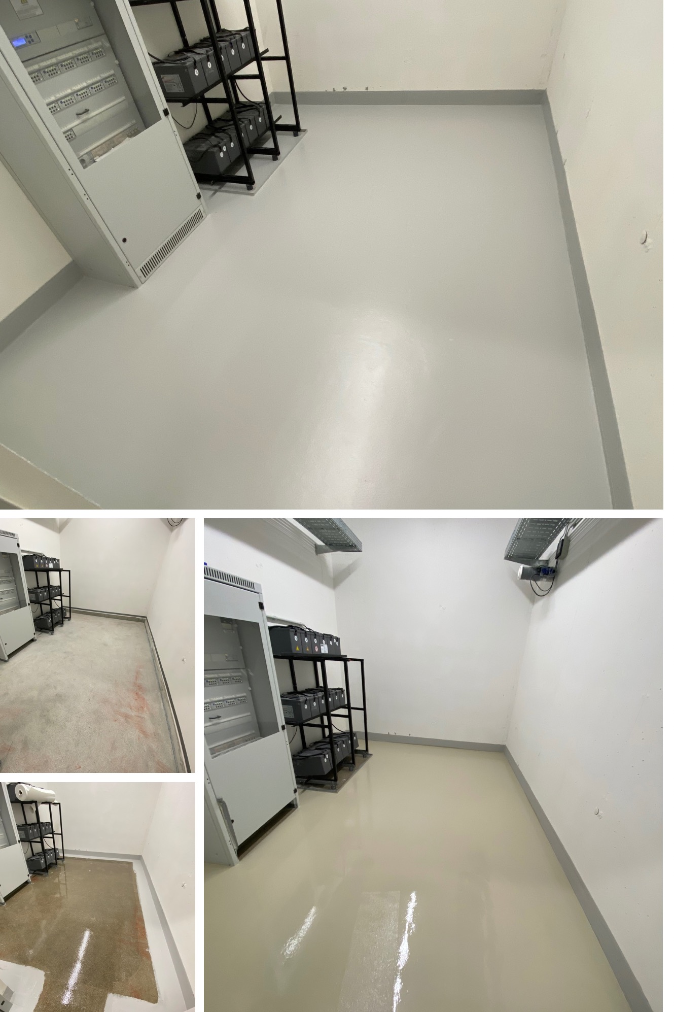 Zdjęcie przedstawia proces renowacji podłogi w pomieszczeniu technicznym, ukazując stan przed i po nałożeniu jasnoszarej, błyszczącej powłoki epoksydowej.