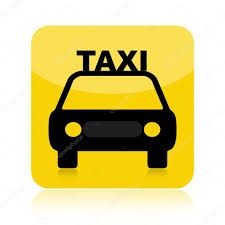 Żółta ikona taksówki z czarnym konturem samochodu i napisem 'TAXI' na białym tle, umieszczona na białym podłożu z delikatnym odbiciem.