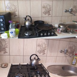 Marta Lewandowicz CZYSTE MIEJSCA. PL - Kuchenny chaos przed porządkowaniem w Zduńskiej Woli: brudna płyta grzewcza, naczynia w zlewie i przypalona patelnia na kuchence.