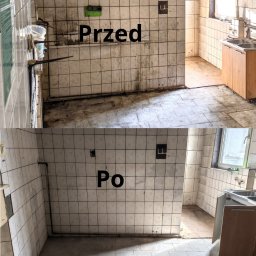 CzysteMiejsca.pl Marta Lewandowicz - Zdjęcie 'przed i po' prezentujące metamorfozę kuchni: brudne, zaniedbane płytki przed czyszczeniem i lśniące, czyste płytki po usłudze. Widoczne detale wyposażenia.