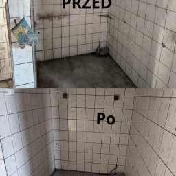 CzysteMiejsca.pl Marta Lewandowicz - Zdjęcie 'Przed i Po' przedstawia narożnik pomieszczenia z białymi płytkami. Górna część ukazuje brudne ściany i podłogę, dolna - czyste, umyte płytki i podłogę.