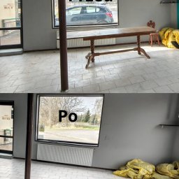 CzysteMiejsca.pl Marta Lewandowicz - Zdjęcie 'przed i po' przedstawia wnętrze lokalu przed i po sprzątaniu. Na górze widoczny zagracony lokal, na dole czysty, z umytym oknem i posprzątaną podłogą.