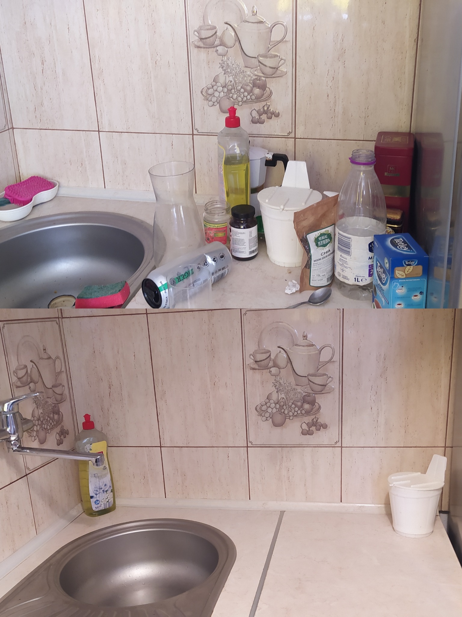 Niezbyt czysty zlew kuchenny z naczyniami i produktami spożywczymi na blacie. Widoczne płytki z motywem filiżanek i owoców. Brak świeżości i porządku.