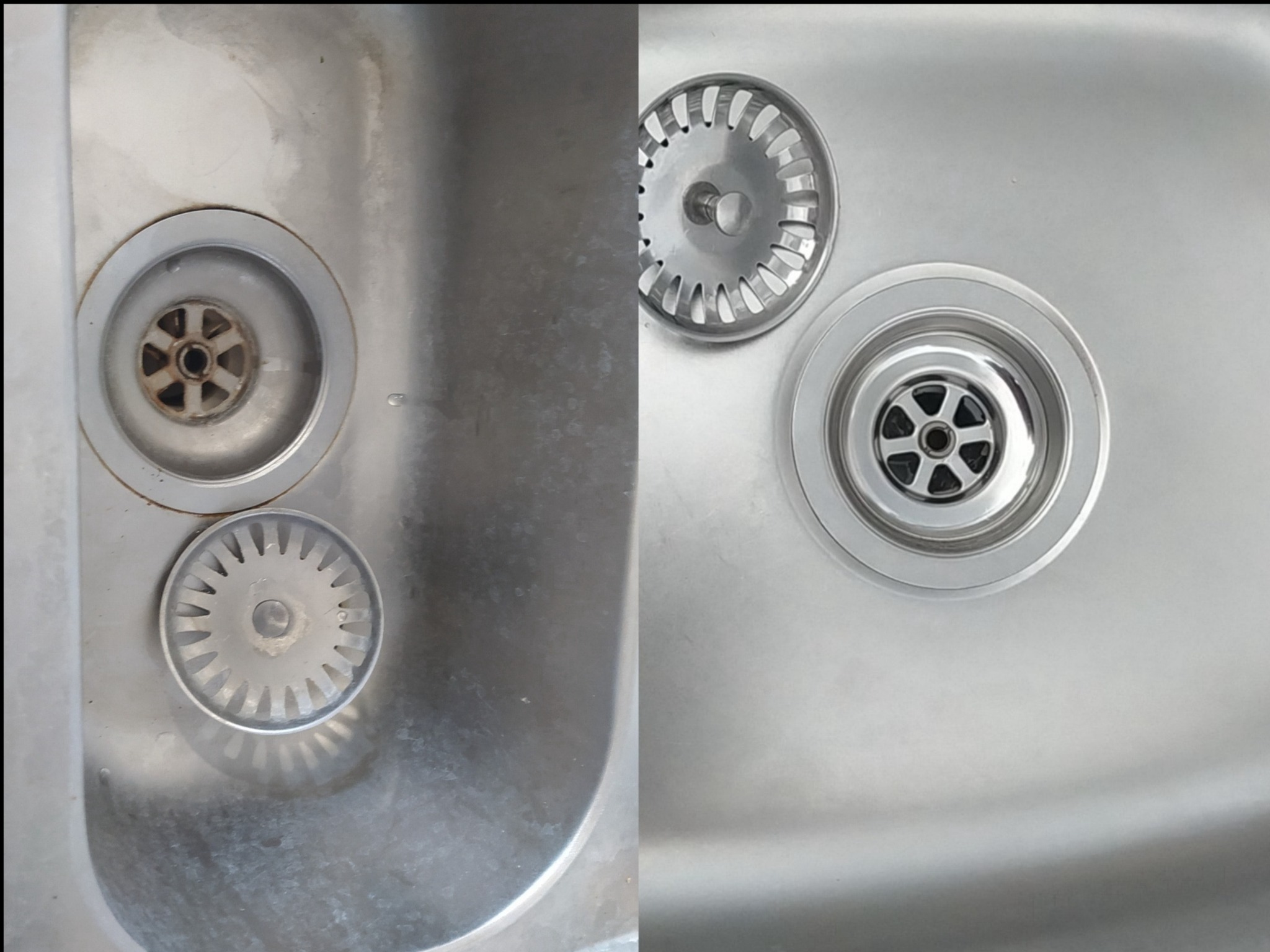 Zlewozmywak stalowy: po lewej stronie brudny, po prawej lśniący po czyszczeniu. Widoczne sitko i odpływ przed i po zabiegu.