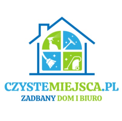 Logo firmy sprzątającej 'Czyste Miejsca.pl' z motywem domu i ikonami: spryskiwacz, myjka do okien, miotła, odkurzacz. Hasło: Zadbany dom i biuro.