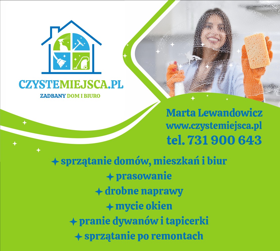 Grafika reklamowa firmy sprzątającej: uśmiechnięta kobieta myje okno, logo firmy 'CzysteMiejsca.pl', oferta usług (sprzątanie domów, biur, mycie okien, pranie dywanów).