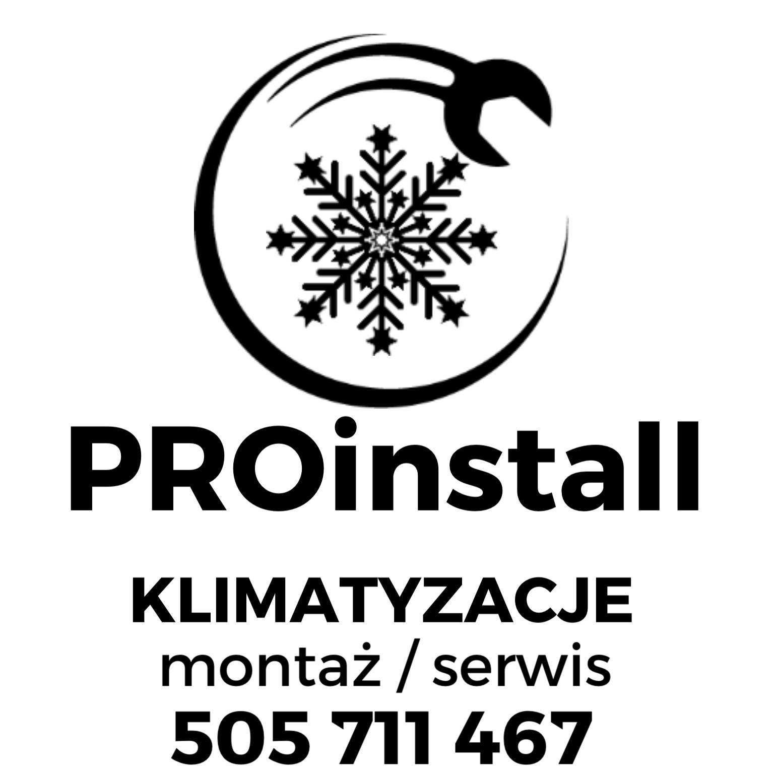 Logo firmy PROinstall: stylizowany płatek śniegu z kluczem francuskim, napis 'KLIMATYZACJE montaż/serwis' i numer telefonu na białym tle.