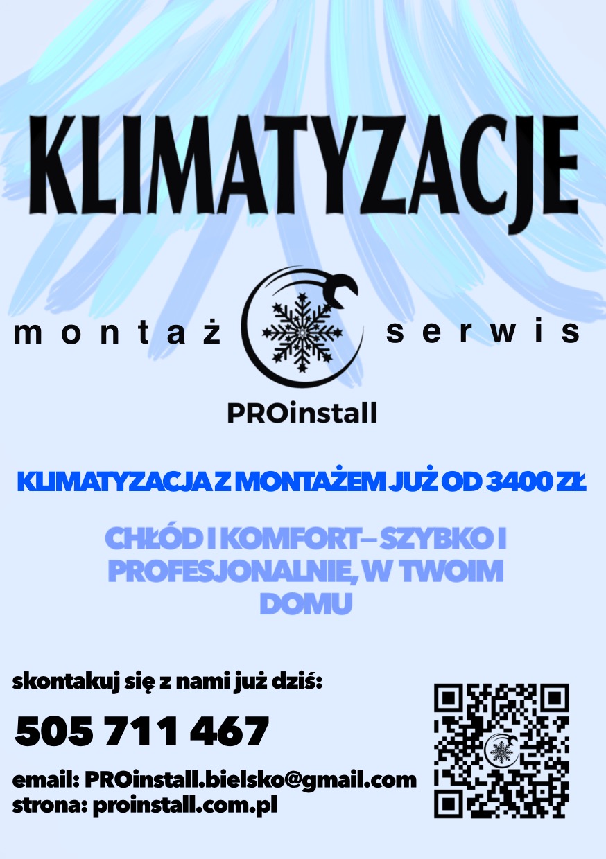 Grafika reklamowa firmy PROinstall: klimatyzacja z montażem od 3400 zł. Montaż i serwis. Kontakt: 505 711 467, proinstall.com.pl.