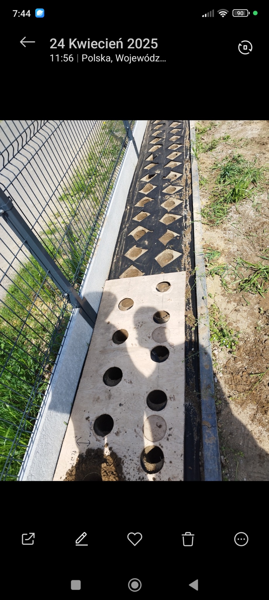 Przygotowany teren pod trawnik z rolki. Widoczna mata z wyciętymi otworami i szablon z otworami na sadzonki. Ogrodzenie panelowe w tle.