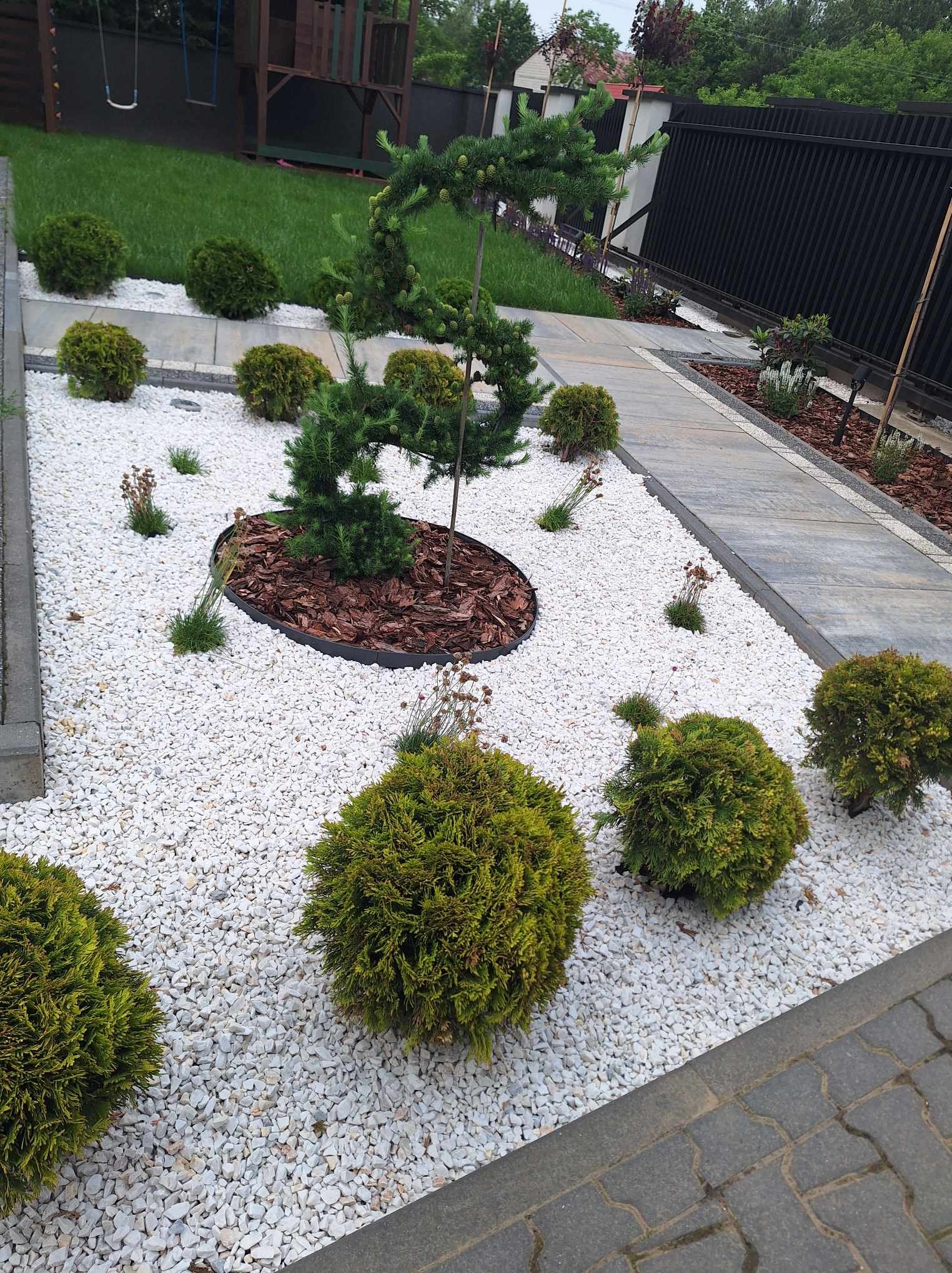 Uporządkowany ogród z białym grysem, kulistymi krzewami i ozdobnym drzewkiem na korze. Ścieżka z płyt prowadzi wzdłuż rabaty. W tle trawnik i plac zabaw.