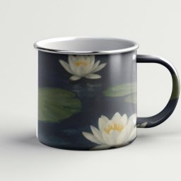 Katarzyna Janek - Metalowy kubek z motywem lilii wodnych na ciemnym tle, uchwyt po prawej stronie, subtelne oświetlenie, minimalistyczny styl.