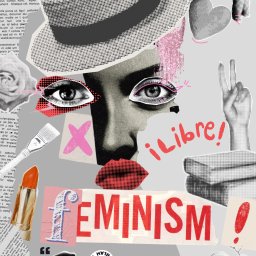 Katarzyna Janek - Abstrakcyjna grafika w stylu kolażu w Ząbkach, łącząca elementy feministyczne i artystyczne. Widoczne fragmenty twarzy, usta, oko, napisy 'Feminism' i 'Libre!'.