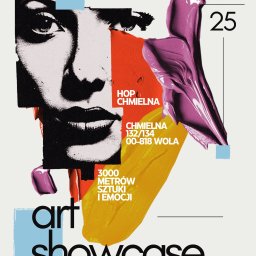 Katarzyna Janek - Abstrakcyjny plakat z elementami portretu, plamami farb i tekstem 'art showcase', w kolorach czerni, bieli, czerwieni, żółci i fioletu, z datą 07/25.