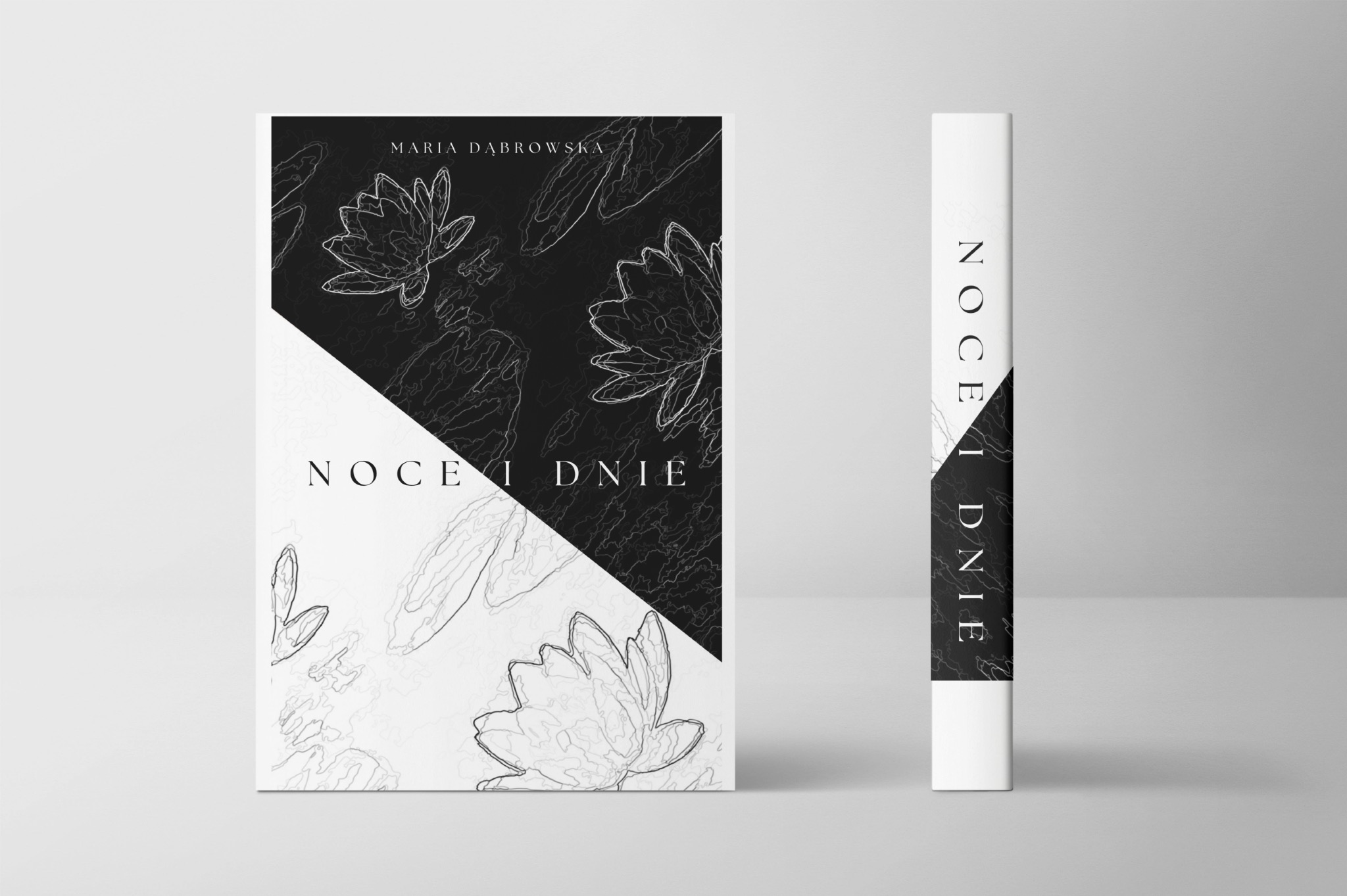 Okładka książki 'Noce i Dnie' Marii Dąbrowskiej w czarno-białej tonacji z motywem lilii wodnych, widoczna również krawędź książki.