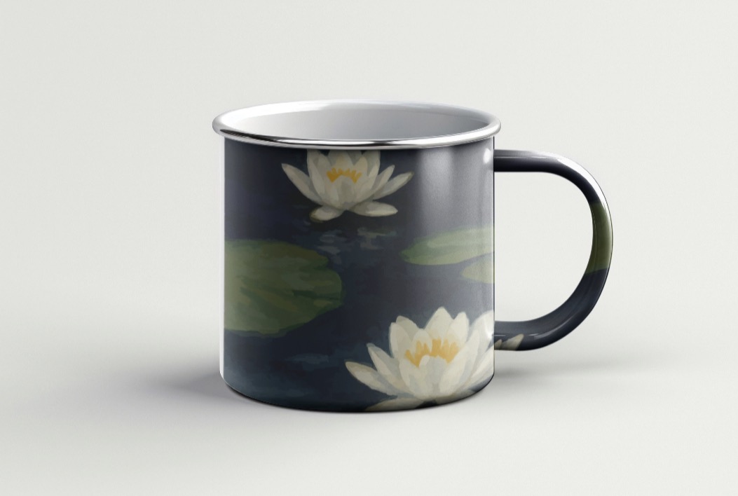 Metalowy kubek z motywem lilii wodnych na ciemnym tle, uchwyt po prawej stronie, subtelne oświetlenie, minimalistyczny styl.