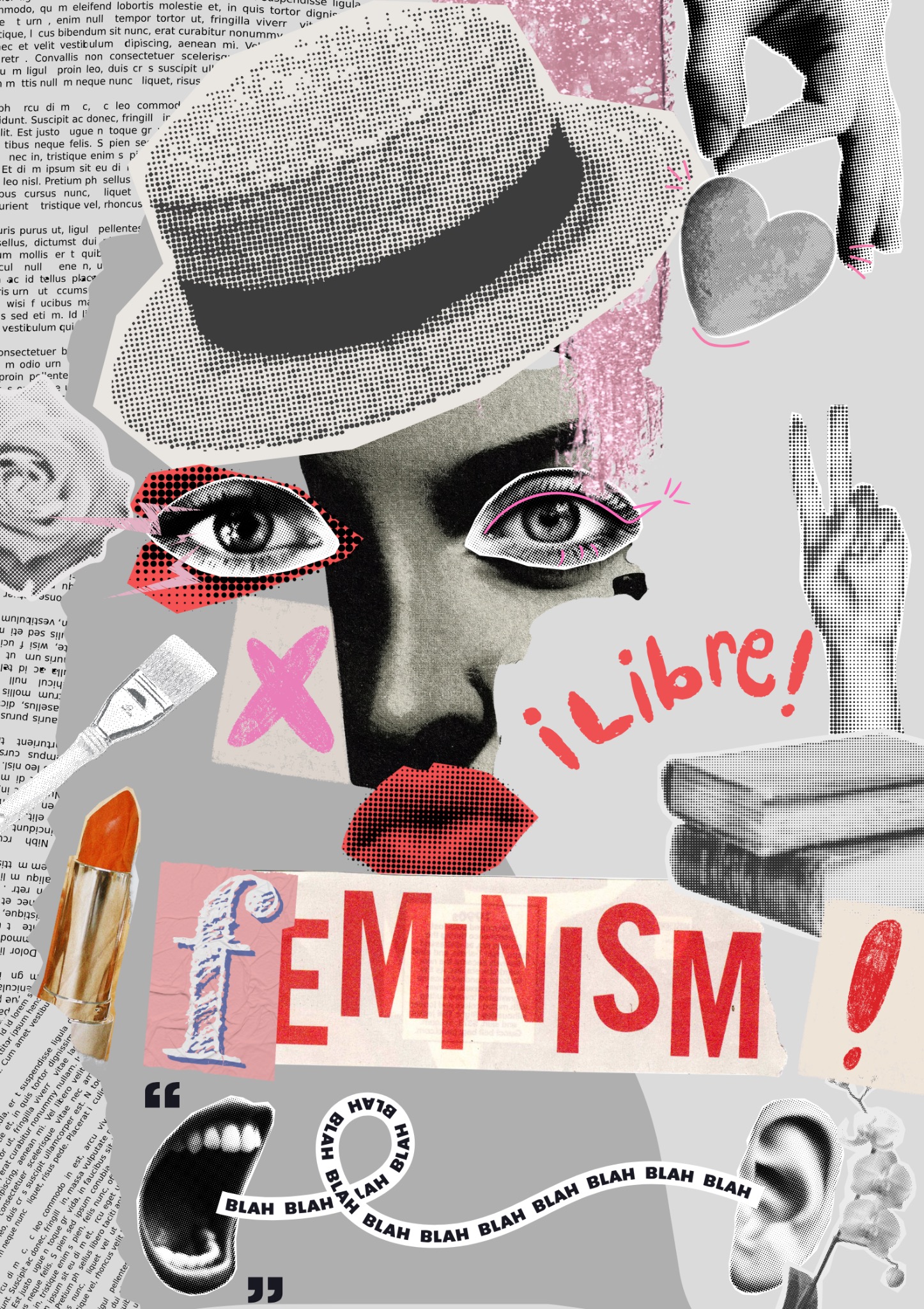Abstrakcyjna grafika w stylu kolażu w Ząbkach, łącząca elementy feministyczne i artystyczne. Widoczne fragmenty twarzy, usta, oko, napisy 'Feminism' i 'Libre!'.