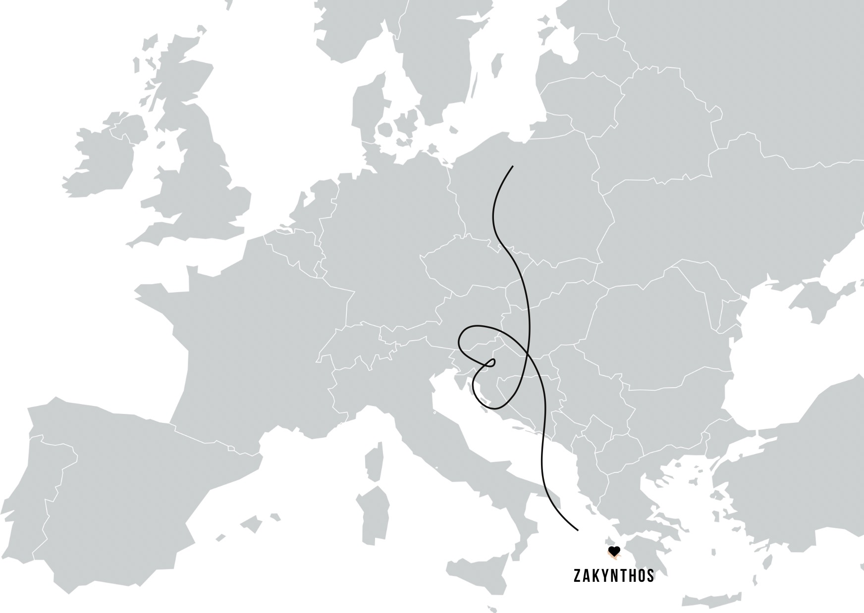 Mapa Europy z zaznaczoną trasą lotu do Zakynthos, czarna linia lotu, szara mapa, czarny napis 'Zakynthos' z sercem. Minimalistyczny design.