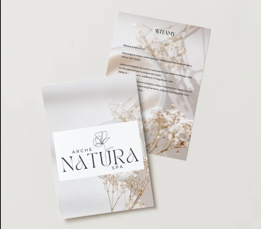 Elegancki, minimalistyczny projekt ulotki Natura Spa z motywem kwiatowym i subtelną typografią, prezentujący ofertę i zaproszenie do relaksu.
