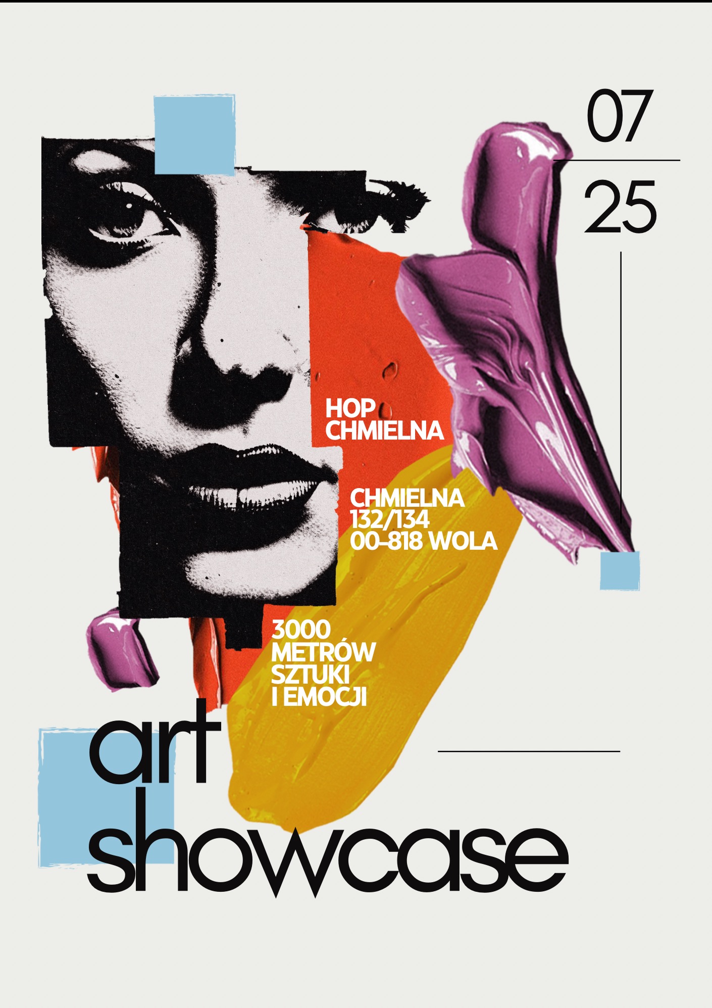 Abstrakcyjny plakat z elementami portretu, plamami farb i tekstem 'art showcase', w kolorach czerni, bieli, czerwieni, żółci i fioletu, z datą 07/25.