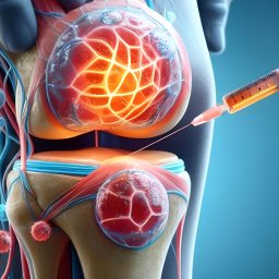 ArthroClinic Ortopedia i Fizjoterapia Puck - Ilustracja kolana w trakcie iniekcji, z widocznymi strukturami anatomicznymi i komórkami, na niebieskim tle, co sugeruje zabieg ortopedyczny.