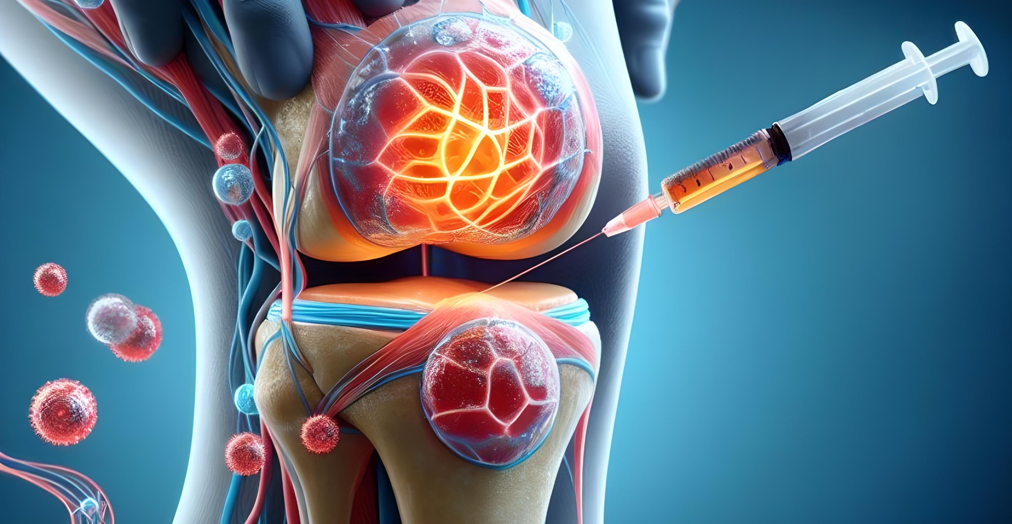Ilustracja kolana w trakcie iniekcji, z widocznymi strukturami anatomicznymi i komórkami, na niebieskim tle, co sugeruje zabieg ortopedyczny.