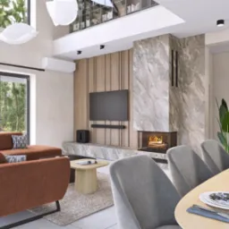 Nowoczesny salon z kominkiem i telewizorem, brązowa sofa, stół z zastawą. Duże okno z widokiem na las. Minimalistyczne lampy sufitowe, drewniane panele ścienne.