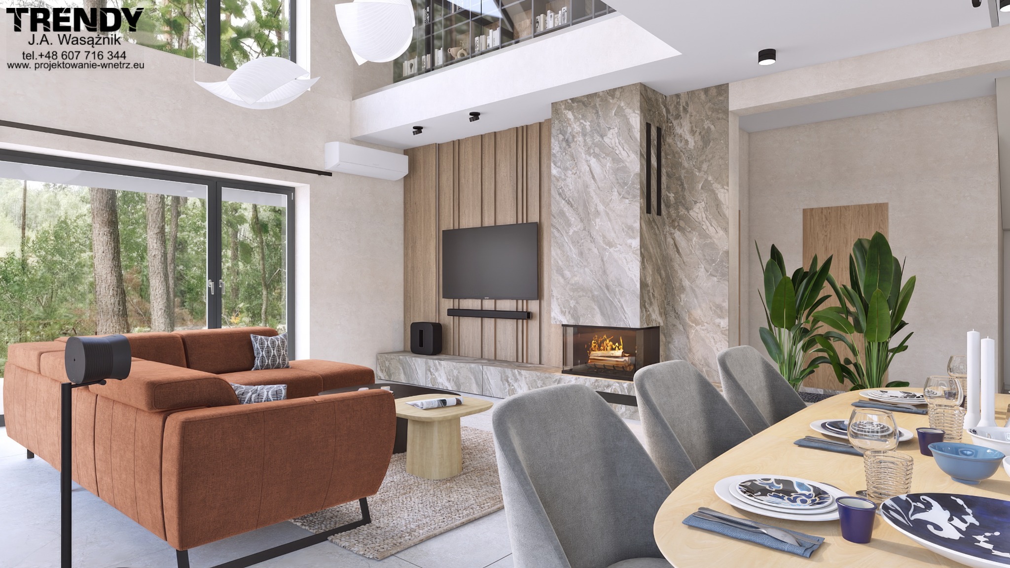 Nowoczesny salon z kominkiem i telewizorem, brązowa sofa, stół z zastawą. Duże okno z widokiem na las. Minimalistyczne lampy sufitowe, drewniane panele ścienne.