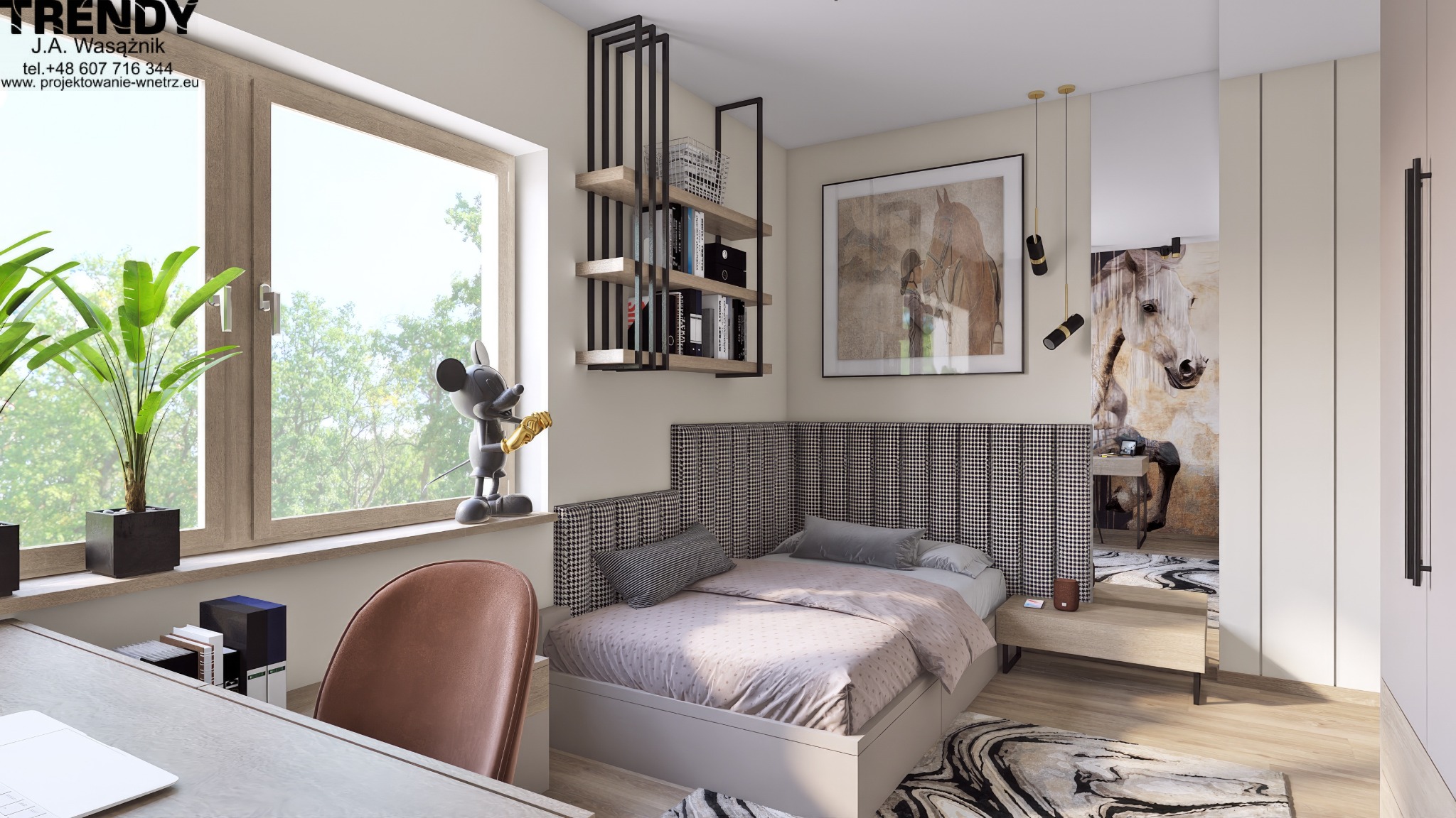 Stylowy pokój młodzieżowy z łóżkiem, biurkiem i półkami. Na parapecie stoi figurka Myszki Miki. Na ścianie obraz z koniem. Całość w jasnych kolorach.