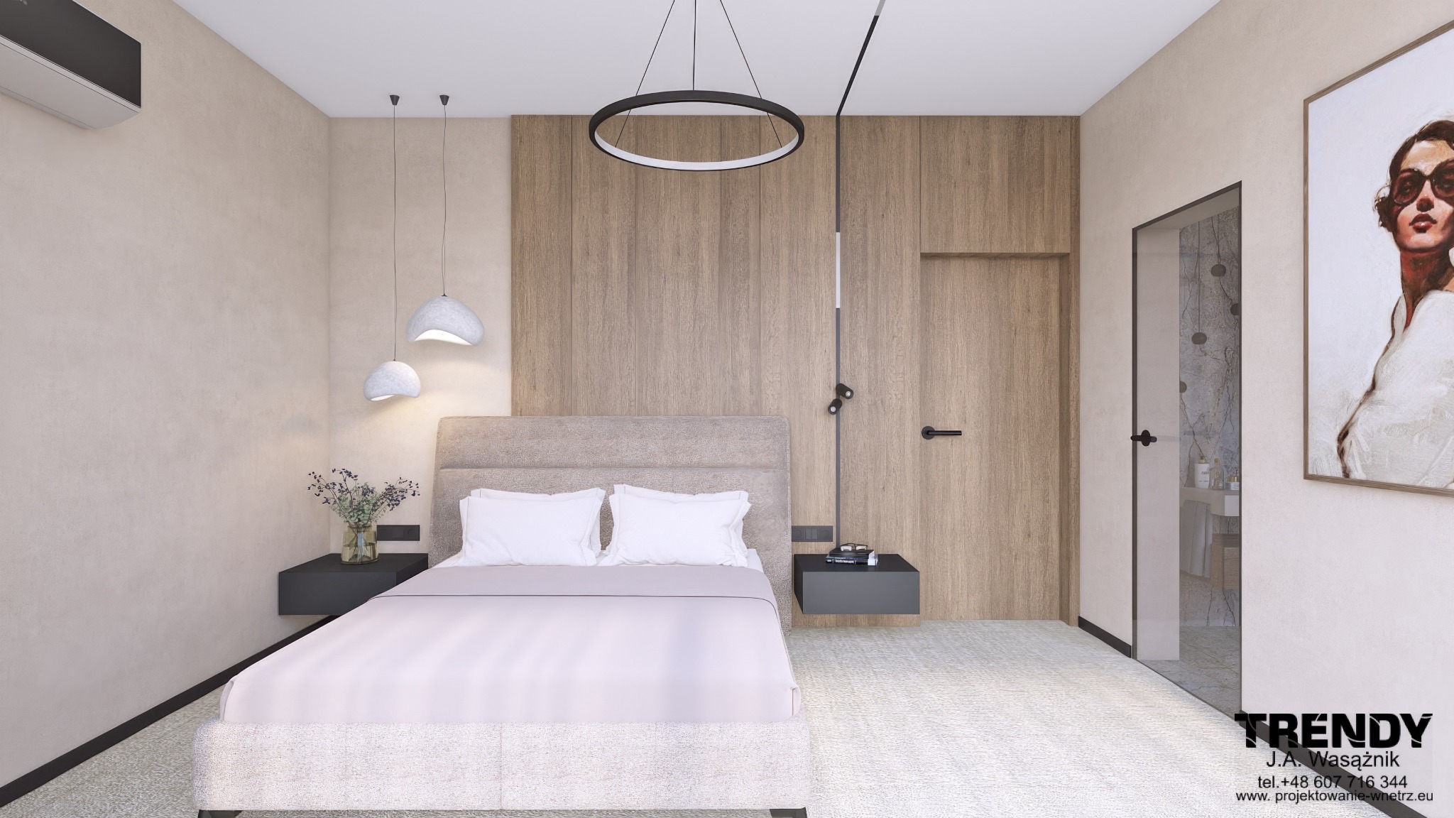 Nowoczesna sypialnia z łóżkiem, wiszącymi lampami i obrazem. Drewniana ściana za łóżkiem, okrągła lampa sufitowa. Widok na łazienkę przez szklane drzwi.