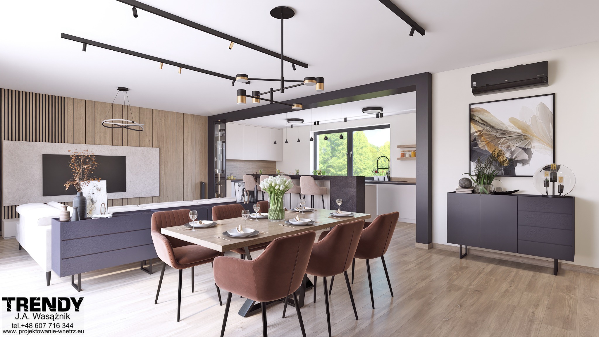 Nowoczesne wnętrze: salon z jadalnią i otwartą kuchnią. Drewniane panele, minimalistyczne meble w odcieniach szarości i brązu, designerskie oświetlenie.