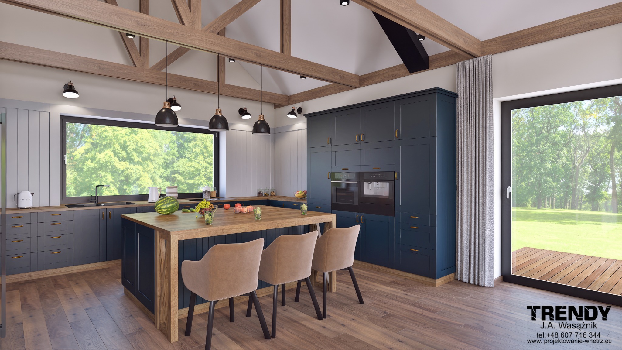 Nowoczesna kuchnia z ciemnymi szafkami i drewnianym blatem wyspy. Widoczne owoce na blacie i krzesła barowe. Duże okno z widokiem na zieleń.