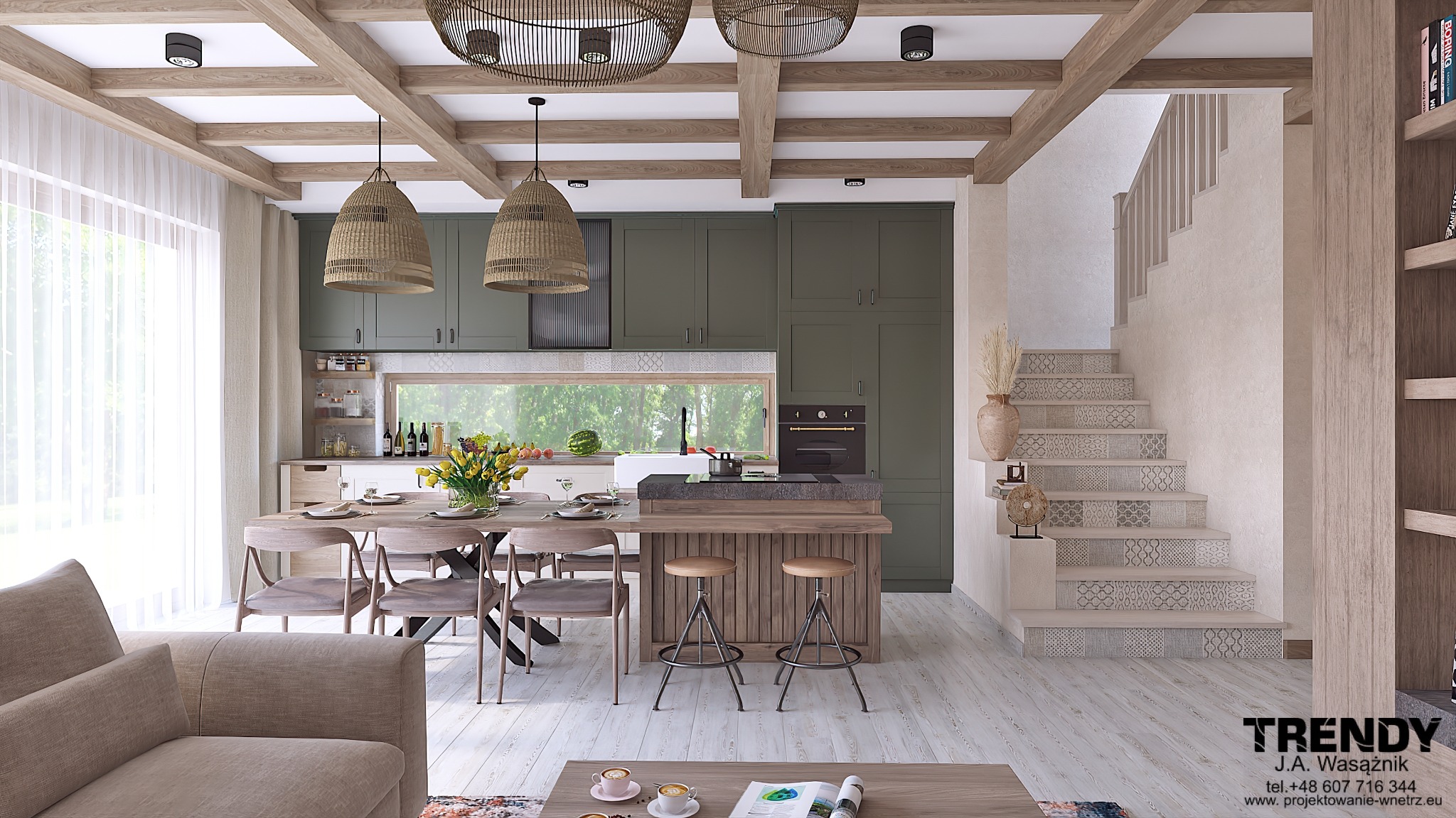 Jasne wnętrze domu z drewnianymi belkami sufitowymi i zieloną zabudową kuchenną. Schody z dekoracyjnymi płytkami prowadzą na piętro. Nowoczesny design.