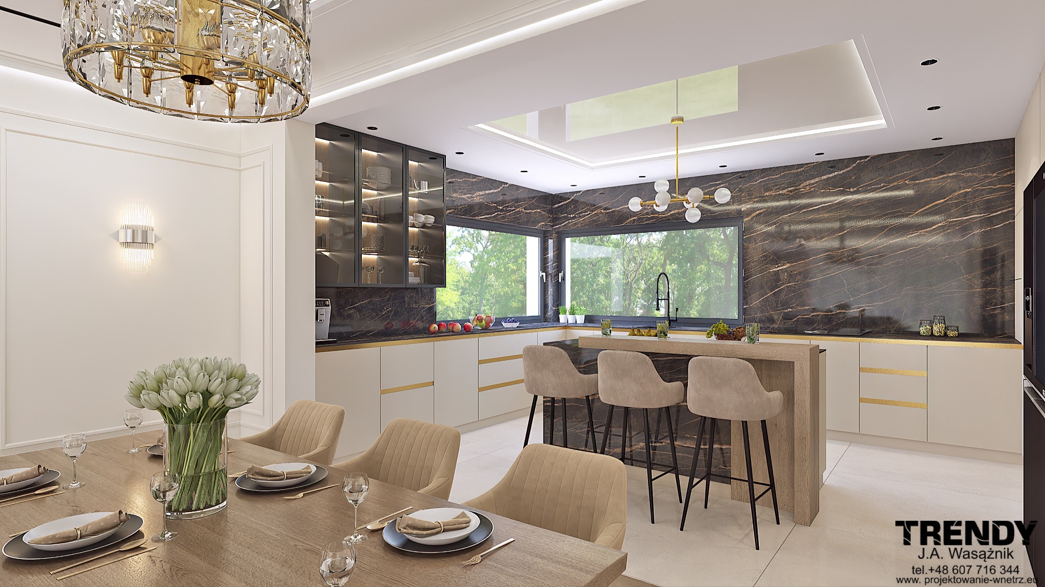 Ekskluzywna kuchnia z wyspą i marmurowymi ścianami, widok z jadalni z drewnianym stołem i bukietem tulipanów. Nowoczesny design, złote akcenty, eleganckie oświetlenie.