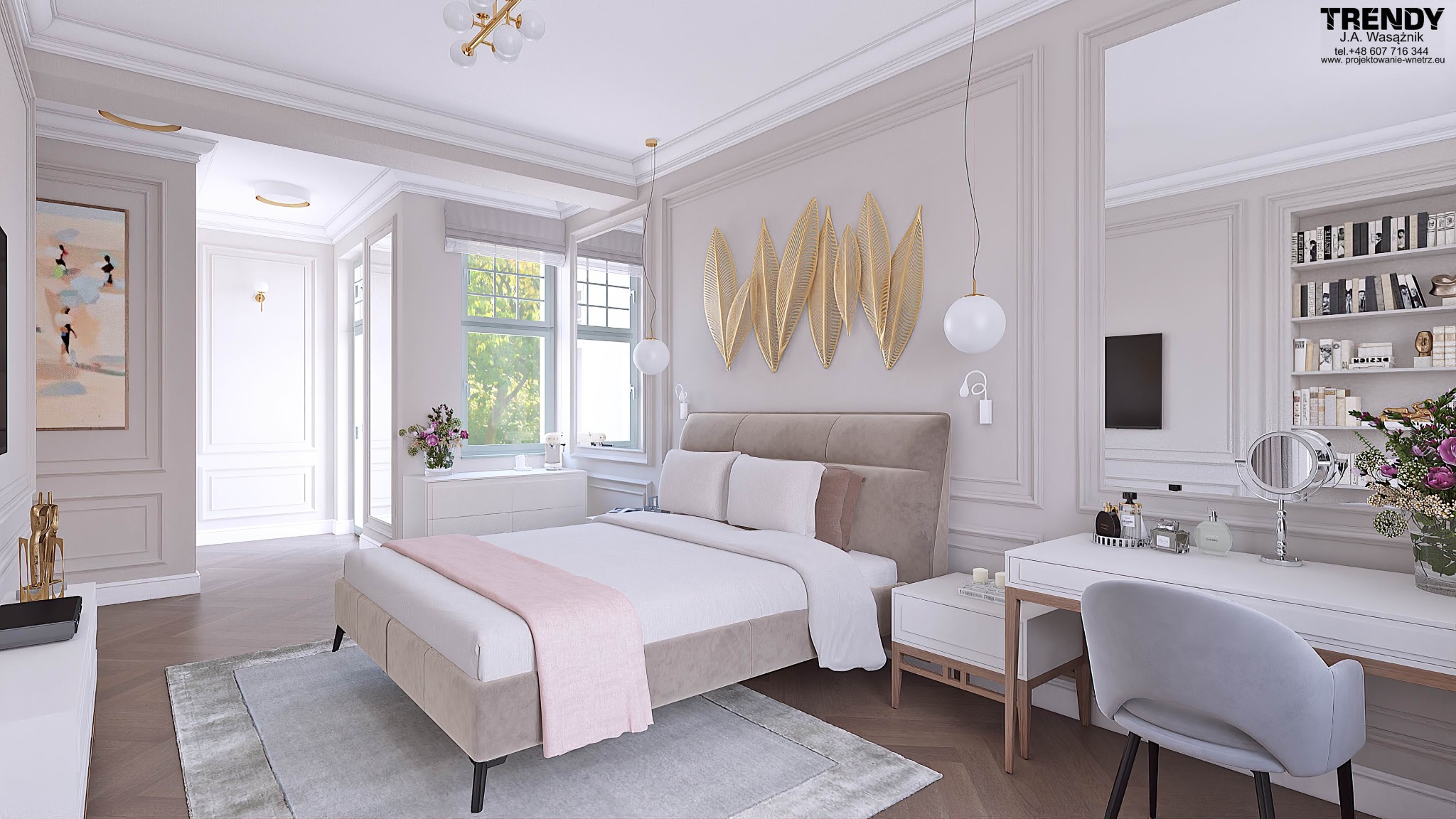 Elegancka sypialnia w stylu glamour: beżowe łóżko z dekoracją ścienną, toaletka z lustrem, subtelne oświetlenie i stonowana kolorystyka tworzą spójną całość.