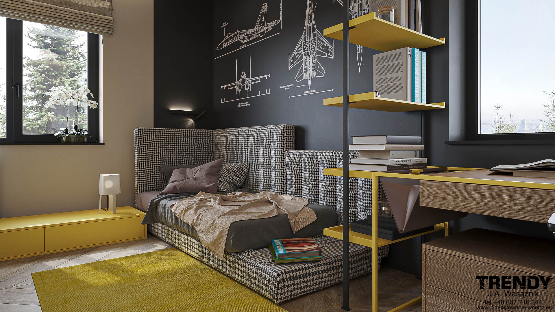 Pokój młodzieżowy z łóżkiem w pepitkę, żółtymi akcentami i ścianą z rysunkami samolotów. Nowoczesne biurko z półkami. Widok z okna na zieleń.