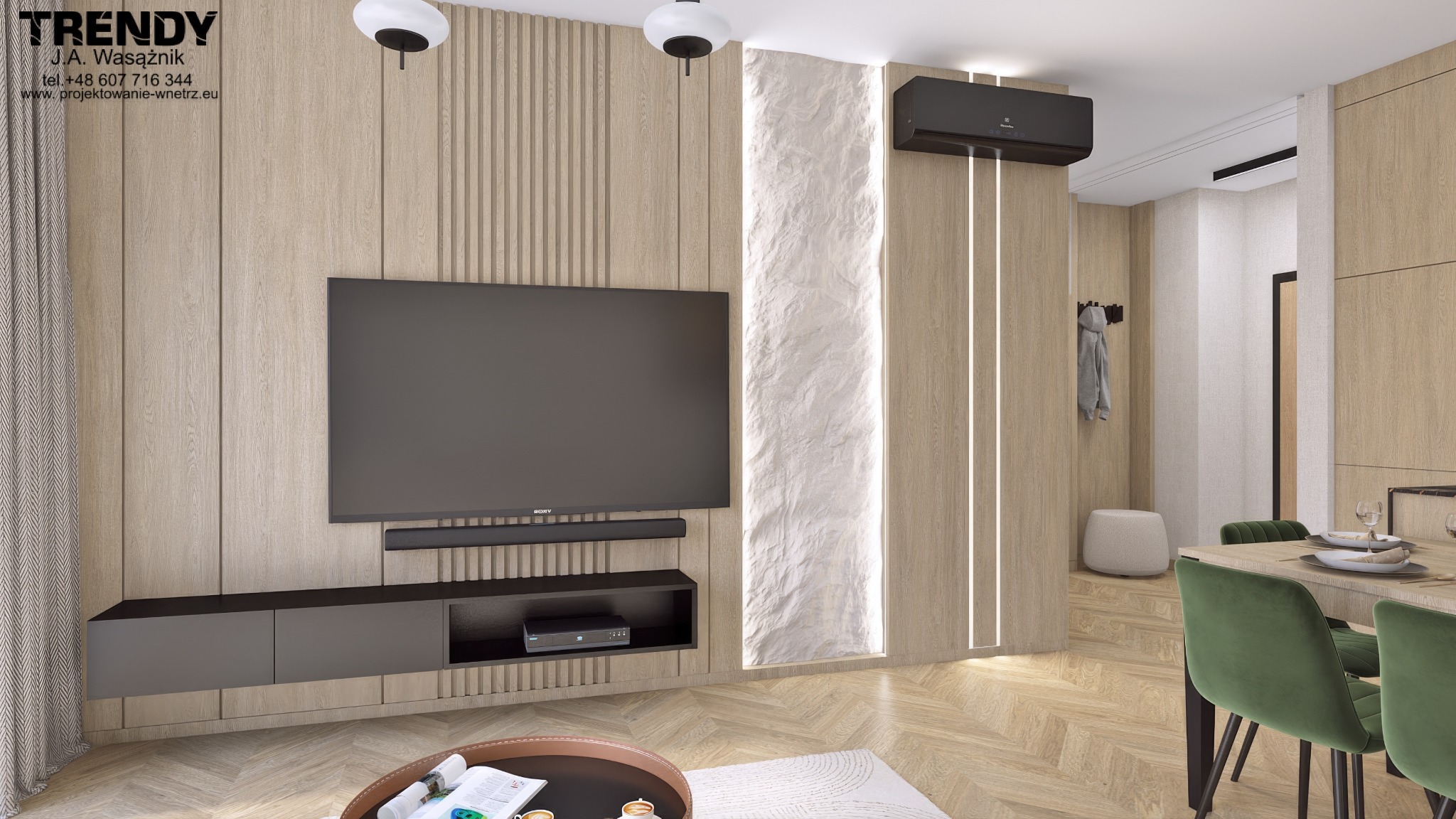 Stylowy salon z drewnianą ścianą, telewizorem, klimatyzatorem i elementami dekoracyjnymi, oświetleniem LED oraz parkietem ułożonym w jodełkę.