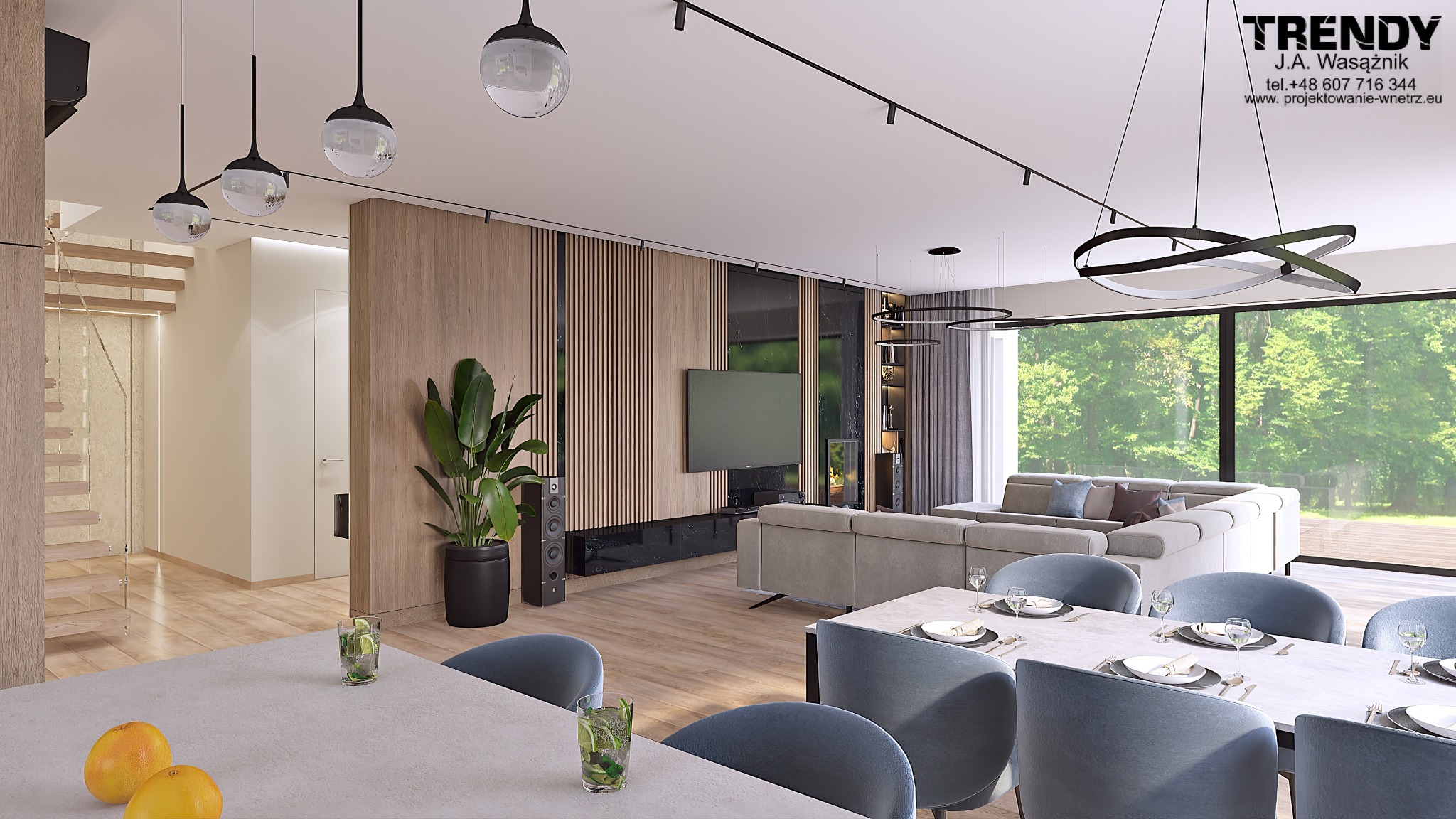 Nowoczesne wnętrze domu: salon z jadalnią. Drewniane panele, szara sofa, stół z krzesłami. Minimalistyczne lampy wiszące. Duże okno z widokiem na zieleń. Elegancki design.