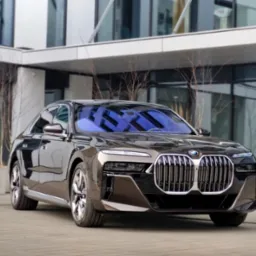 Elegancki, brązowy samochód BMW serii 7 z chromowanym grillem na tle nowoczesnego budynku z przeszklonymi oknami. Luksusowy sedan.