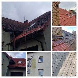 Akcja Renowacja - Kompozycja zdjęć prezentuje dachówkę przed i po czyszczeniu, fragment elewacji z śladami czyszczenia, oraz zbliżenie desek. Widoczne rusztowania i drabina.