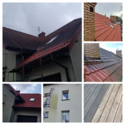 Kompozycja zdjęć prezentuje dachówkę przed i po czyszczeniu, fragment elewacji z śladami czyszczenia, oraz zbliżenie desek. Widoczne rusztowania i drabina.