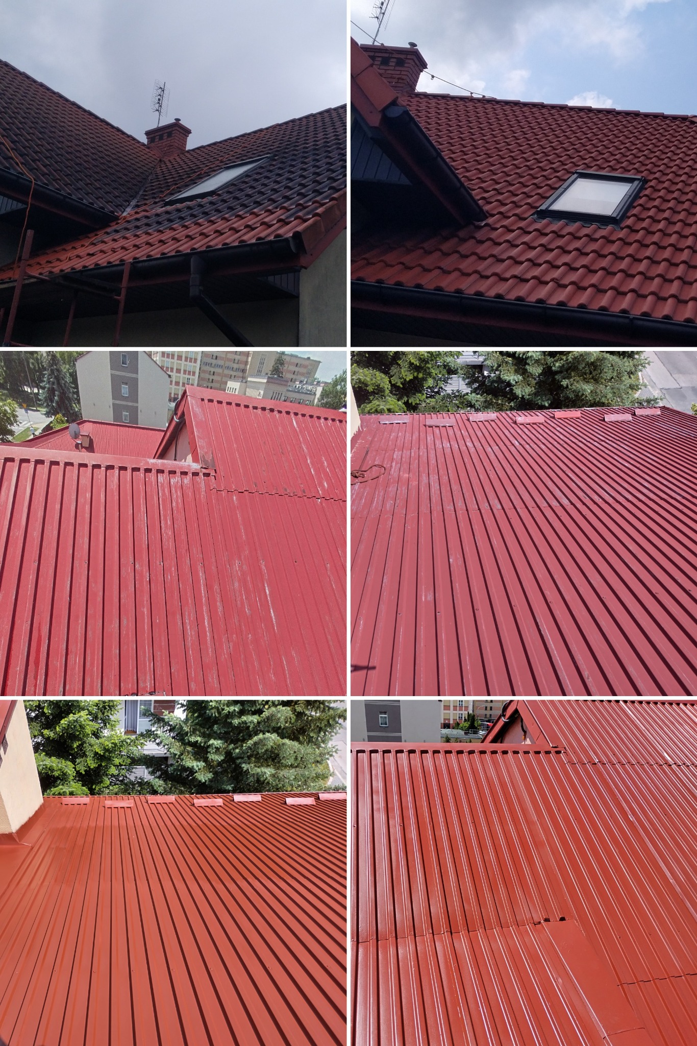 Czerwony dach z dachówki i blachy trapezowej po renowacji. Widoczne okno dachowe, komin z anteną, rynny. Ujęcie z różnych perspektyw.